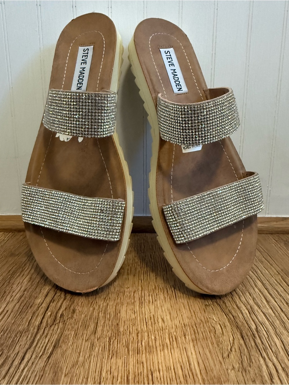 Steve Madden Beige Slide Sandals with Silver Rhinestone Straps